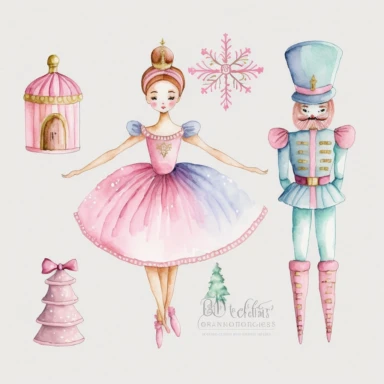 Nutcracker clipart, watercolor nutcracker clipart, christmas tree clipart, ballerina clipart, princess clipart, christmas presents clipart, pastel colors, 16k, vector art, icons, graphic design, isolated on white background, s 0
