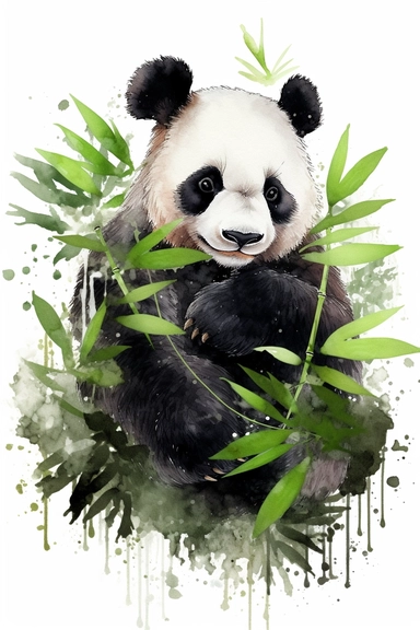 Watercolor panda and bamboo, nature, very vivid colors, highly detailed drawing, white background, clipart, colorful, highly detailed, HD