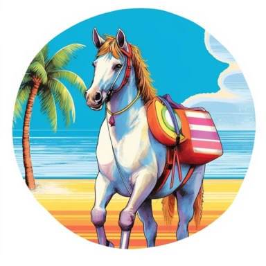 Colorful and vibrant colors to make clip art of a quirky horse on vacation with unique color combinations that stand out and evoke a sense of joy and cheerfulness with a white background
