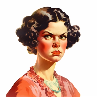 vintage 1920 woman portrait looking furiously Angry Clipart Illustration, Chromolithograph, 1920s Illustration, Vintage, Chromolithograph, Colorful, Antique, Ephemera, Clipart, 8k, Isolated on white