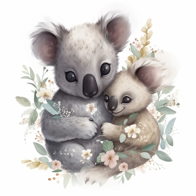 cute floral illustration, realistic adorable baby coala hugging his mom, happy clipart, nursery style clipart, nursery animal art, kids wall art, baby room decor, isolated on white, ultra - detailed, high quality, ghibli style, award winning