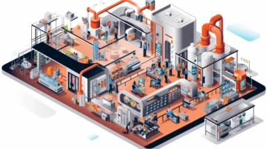 3d diagram of how technology works in an office and factory, flat vector clipart with white background.