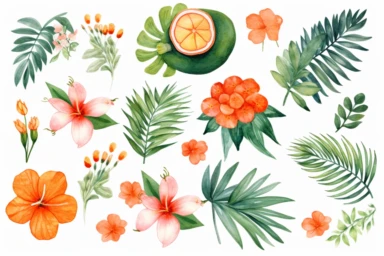 watercolor clipart festive botanical elements for summer holiday with bold and bright colors