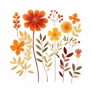 a kimo with an abstract watercolor clipart of vintage red, brown and yellow flowers, on isolated pure white background flowers and foliages should be spread apart, dont centralize stems of plants and spread the foliage out to fit the entire image, thus to reduce large blank spots. format in the style of lucy grossmith, minimalist nature studies, white and amber, mandy disher, detailed botanical illustrations, ready-made, winslow homer