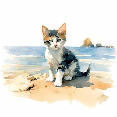 happy kitten on the beach, watercolor painting by WINSLOW HOMER, clipart, white background