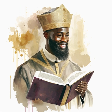 simple watercolor clipart on a white background, attractive black man from Biblical times, large beard beard, smiling, wearing a tall cream and gold royal Catholic bishops hat and vestments, holding a book