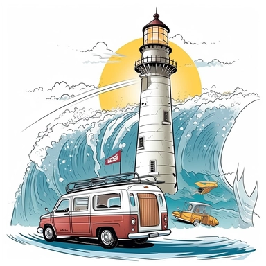 Visualize a scene of adventure: a van elegantly navigating through a misty wave, surfboards ready for thrilling rides, with a towering lighthouse shining its beacon in the distance, against a clean white backdrop, illustration style, white background, clipart, PNG pure white background, high resolution, hyper detailed, best quality, high detailed illustration