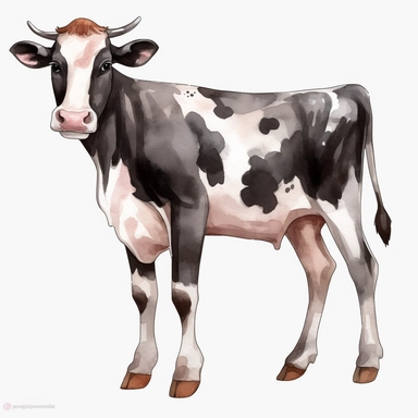 watercolor, Cows Dairy cows have udders: One of the most common farm animals,png Full body realistic cartoon in 32K UHD cute. 15 cm thick outline. Black color. There was no shadow on the ground. 8k with realistic watercolors and detailed illustrations. PNG clipart, transparent white background
