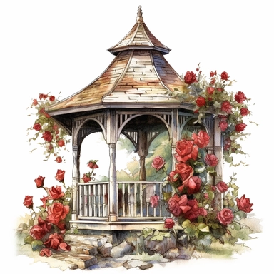 A beautifully weathered Victorian garden gazebo, its aged woodwork blending with the surrounding landscape. The worn details and faded colors evoke a sense of tranquility, and an abundance of vibrant red roses cascades down the gazebo, creating a breathtaking floral sanctuary. White background, clipart, watercolor, intricate detail.