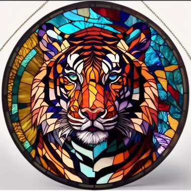 Stained Glass tiger ornament,in the style of circular,bright dark colors,full colors,animated mosaics clipart on a white background, shutterstock contest winner, generative art, detailed painting, digital illustration, photoillustration isolated on white background, digital watercolor