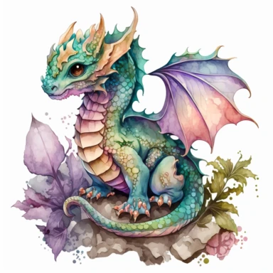 unique fantasy baby dragon with special scales, watercolor, clipart