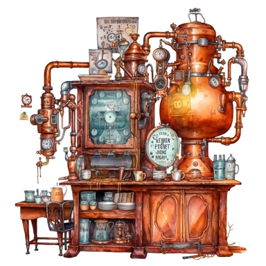 Watercolor Clipart of a close-up view of a steampunk café corner, showcasing the vintage copper coffee machine and other steampunk equipment. The worn-out wooden counter is adorned with gear-shaped decorations, and the chalkboard menu hangs above. Hyper-realistic, white background