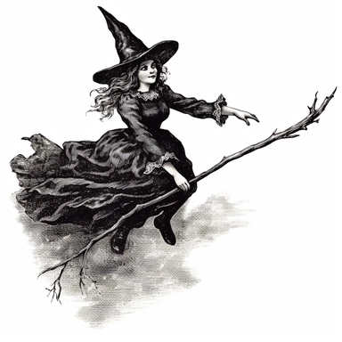 drawing of a witch on a broom, vintage illustration, clipart, clean white background