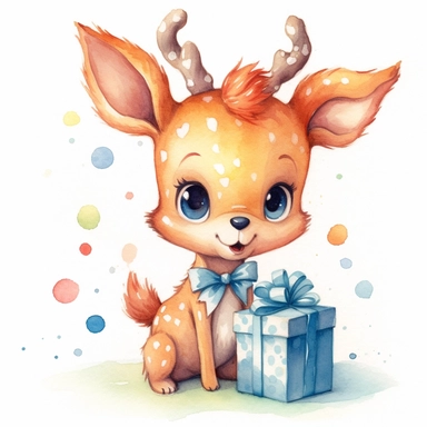 cute little deer celebrating a birthday, watercolor, clipart elements, kawaii, white background, dustin nguyen