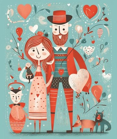 happy family cartoon clipart illustration, in the style of hand-drawn elements, light teal and light red, romantic emotion, playful experimentation, love and romance, strip painting, multiple patterns