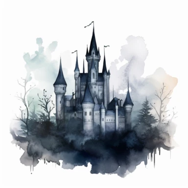 on a white background Illustrate a watercolor clipart of a gothic castle with soaring turrets, looming over a dark and misty forest. The clipart should have a haunting and mysterious feel, with a focus on the castle's intricate details