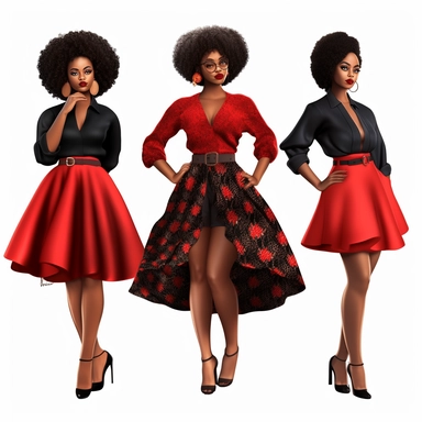 all women wearing black pin skirts red blouses in clipart style stunning beautiful black african american women with smooth brown skin Full body, four fat African - American women with brown skin, black pin skirts, red button down shirt, red shoes highly detailed, very attractive, glamorous, make up beautiful, gorgeous, glowing, happy, smiling in clipart style award winning photography 8k polished and focused photography detailed intricate unreal engine 5 bright top lighting in style of lisa fra