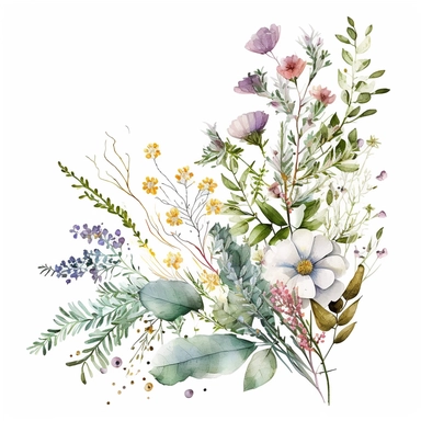 april wild flowers delicate asymmetrical Arrangement, watercolor, white background, feminine, clipart