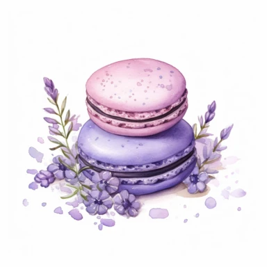 A lavender macaroon decorated with tiny lavender buds clipart, white background, watercolor sophisticated drawing
