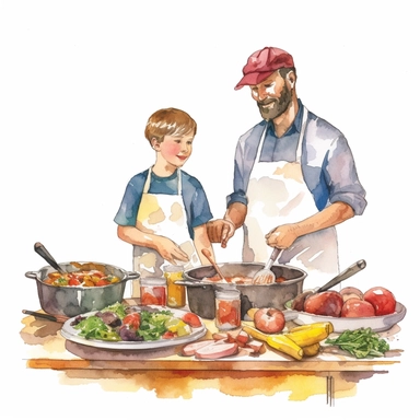 A father and son cooking together in the kitchen, wearing chef hats and aprons, Watercolor, Clipart, detailed, high resolution, transparent background PNG