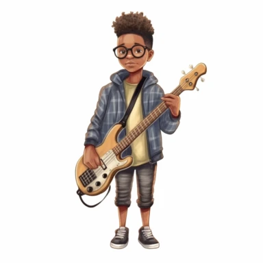 Cool cute black kid Musician, cool Musician clothes, male black boy, watercolor style, clipart solid white background
