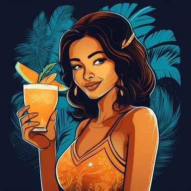 Illustrate a clipart image showcasing a beautiful thai woman with radiant eyes that shine brightly drinking a glow in the dark, neon, coconut. Use a rich and diverse color palette to enhance her appearance, and ensure the image is detailed and crisp. The background should be pure white