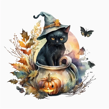 Watercolor black witch cat Halloween clipart, pumpkin, autumn season, Watercolor Sublimation design, white background
