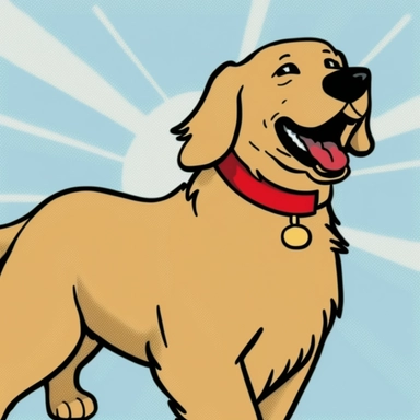 The image shows a cartoon dog, smiling and wagging its tail. The dog is a happy, playful golden retriever, with a shiny black nose and big, floppy ears. It is wearing a red collar with a shiny name tag, and its fur is a vibrant golden color. The background is a simple white, allowing the dog to be the focus of the image. This playful and charming clipart is perfect for use in greeting cards, posters, or any other project that needs a touch of canine cuteness.