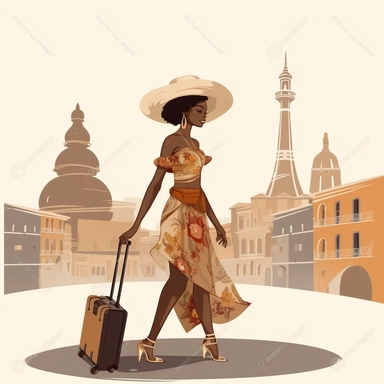 clipart of african american woman traveling through europe. white background