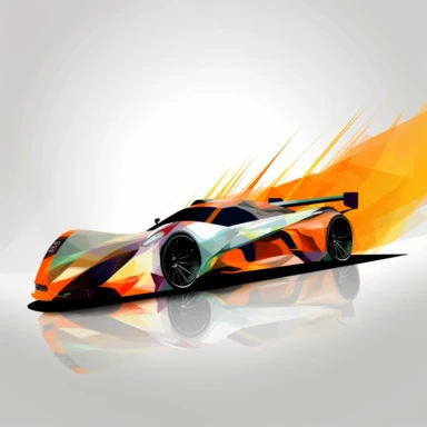 Contemporary vector clipart featuring a race car, represented by bold lines and abstract shapes, highlighting the car's distinctive design and speed, suitable for use in logos, icons, or racing-related infographics, on a clean background