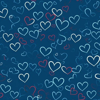 seamless pattern with hearts connected with thin swirling lines, hearts are spaced out far in distance, simple lineart, simplistic, vector, clipart, blue background