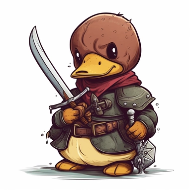 cute rubber duck, as a d&d rogue, leather armor, holding a small dagger, clipart