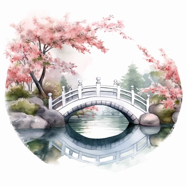 A tranquil watercolor clip art scene portraying a serene Chinese garden with a stone bridge, koi fish, and blooming cherry blossoms. - watercolor clip art, white background