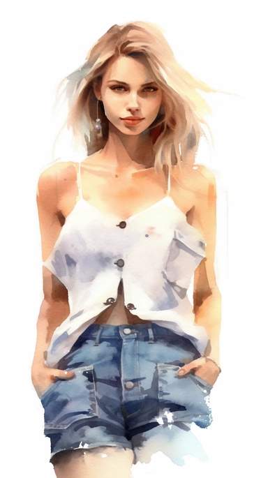 watercolor stylized clipart of a gorgeous french woman bombshell with very hairy unshaved armpits, wearing a white croptop and denim shorts, posing, epic light, chaotic,