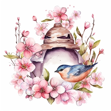clipart, isolated on white background, beautiful cute Watercolor Spring bird Feeder, flowers and branches and leaves, ornated, pastel colors