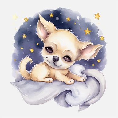 watercolor Puppy, big eyes, cute, sleeping and hugging a pillow. and sleep on the crescent moon Surrounded by twinkling stars, sweet dreams vividly bold designs png realistic cartoon in 32K UHD cute. 15 cm thick outline. There was no shadow on the ground. 8k with realistic watercolors. and detailed illustrations. PNG clipart , transparent white background