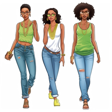 dynamic multiple vector clipart sticker images of the same stunningly detailed full body, whole body beautiful brown-skinned African American women drawn in the style of artist Dina Almonord in different photographic fashion poses. She is wearing an apple green and light pink off the shoulder sweatshirt and denim blue jean pants. Her necklace is a sophisticated gold chain with a classy diamond letter “A” charm hanging from it. Her fingers are well defined. She has both arms. Her hands are not di