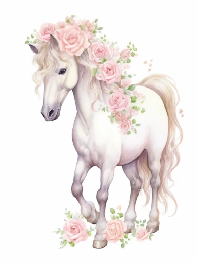 Isolated on a white background, in a feminine style popular on Etsy, with baby pink roses decorated for wedding on her head, full body white horse standing, high resolution, highly detailed, watercolor clipart illustration, soft pastel color theme, baby pink, 8k UHD image isolated on white background, hyper-realistic high resolution, only a horse with a crown of roses on its head