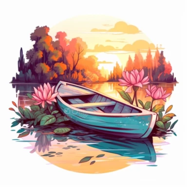 Clipart, isolated on white background, beautiful cuteboat by the lake , forest woodland nature landscape scenery, plants and flowers, ornated, pastel colors