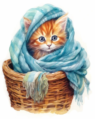detailed watercolor Kitten in basket with scarf , realistic, isolated on a white background, clipart