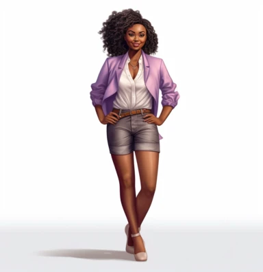 full body shot of smiling African American Black Girl Magic boss lady vector clipart vector illustration with transparent background, in the style of light indigo and light crimson, photo-realistic hyperbole, cluj school, transparent/translucent medium, detailed crowd scenes, light pink and light purple, gold and white