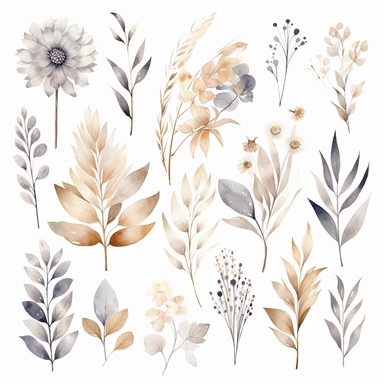 Watercolor Elegant Neutral Colors whites, creams and grays Bohemian leaves, Floral Clipart, Bohemian Wild Flowers, Bohemian Leaves Watercolor, 8k