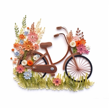 clip art, quilling art style, bicycle with flowers coming out of the basket, grass on the ground, high detail, white background fade to edges, sticker