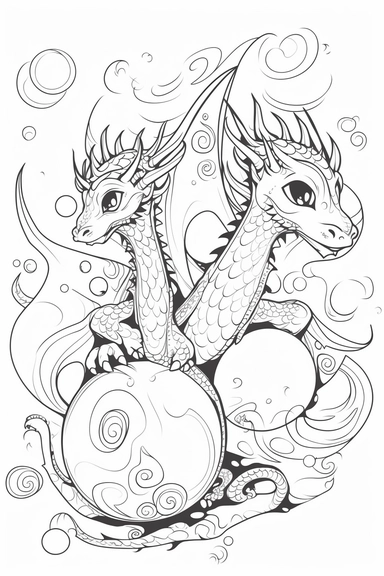 cute dragons playing depicted in the style of clipart, white background, vector lines, in the style of a coloring book, thick, clear,lines, black and white,