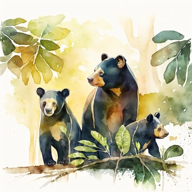 watercolor clipart a family of Sun Bears in their natural habitat Found in Southeast Asia, including parts of Thailand, Malaysia, and Indonesia, in forested habitats digital illustration, 8k, hd 1:3 v5