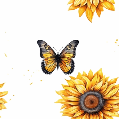 in the shape of heart, watercolor detailed clipart sunflower, high contrast realistic butterfly, clean lines, hard edges, no shadow, clean edges, centered on white background