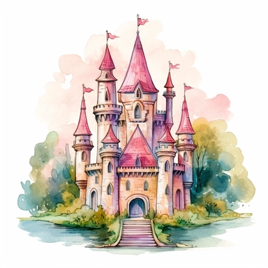 cute fairytale castle clipart, art illustration on white background, cartoon watercolor art nouveau
