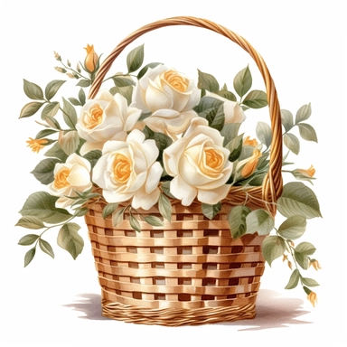 watercolor, white background, clipart, watercolor, white background, ultra-realistic and hyper-detailed clipart beautiful woven basket with white roses, white and rich gold hues