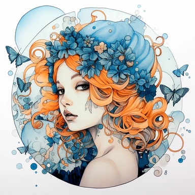 ILLYA OTELOVA WATERCOLOR ILLUSTRATION WITH BLACK OUTLINING THE WATERCOLOR ON INSTRAGRAM, IN THE STYLE OF CAMILLA D’ERRICO, FRANCIS PICABIA, COMIC ART, CHARLIE BOWATER, HAIR CLIPS MADE OF INSECTS, SKY-BLUE AND ORANGE, DELICATE POINTILLISM, CLIPART, WHITE BACKGROUND, CLIPART