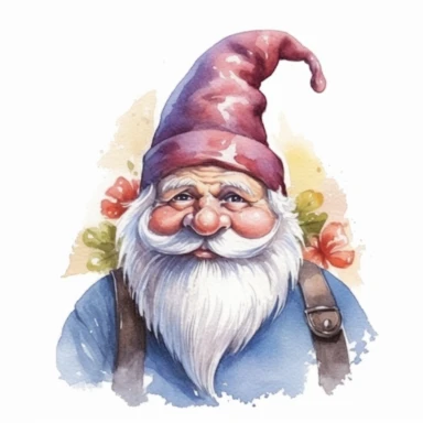 Create a clipart of a stout and rosy-cheeked gnome in a realistic watercolor style. The gnome should be centered in the drawing with a plain, high contrasted background to make the gnome stand out. Make sure the gnome has a traditional pointed hat, bushy eyebrows and a long white beard. His clothing should be brightly colored to further enhance the cheery, jovial look of the gnome. Overall, the clipart should highlight the magical charm and enchanting personality of the gnome.